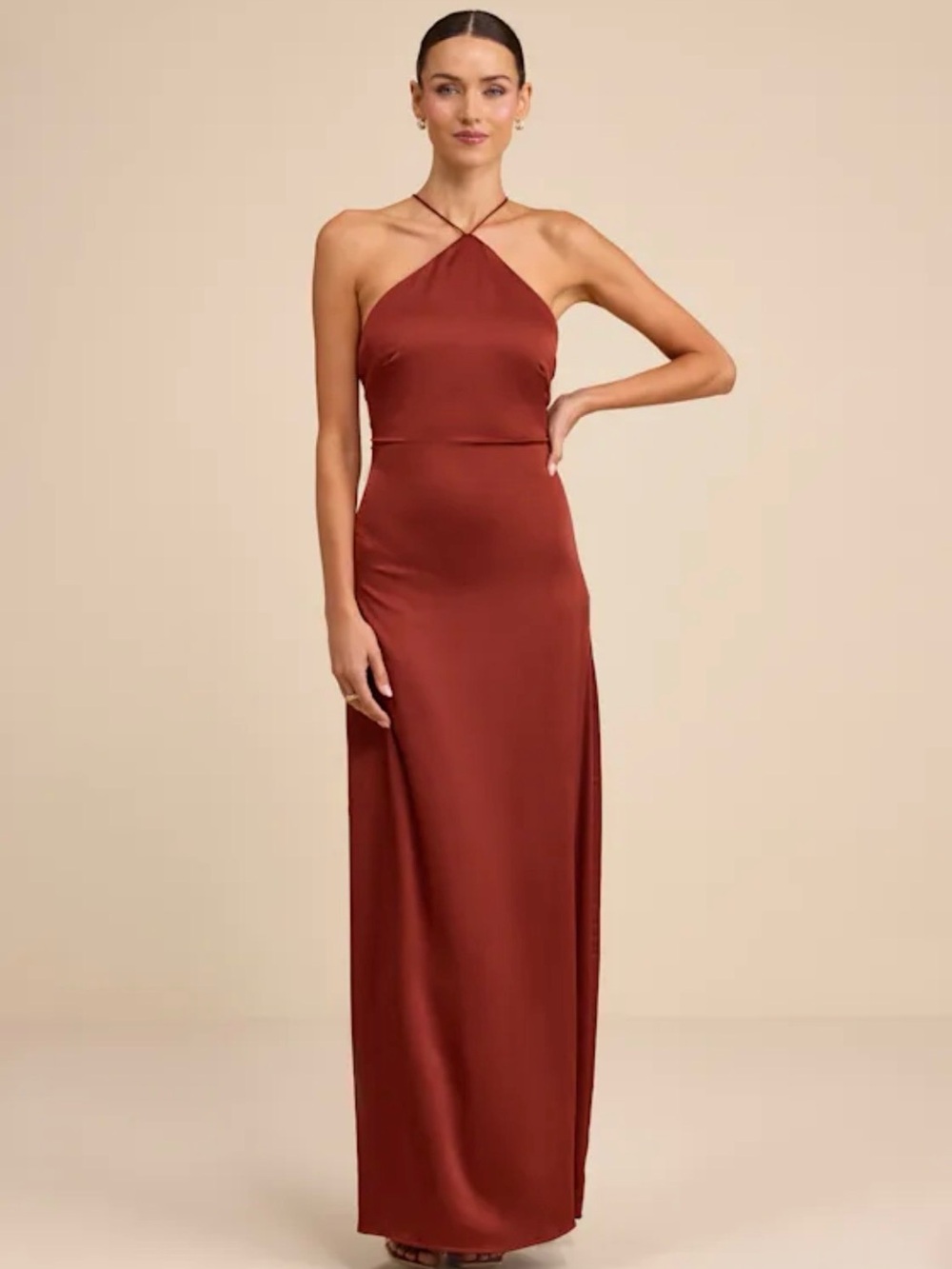 Lulus Nisrine Rust Red Satin Lace-Up Halter Maxi Dress Size Small NEW W/ Tag